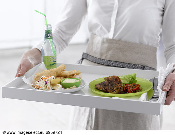 Person Carrying Tray with two Meals