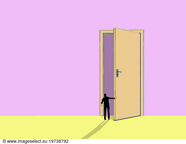 Person opening oversize door near pink wall