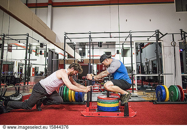 Personal Trainer erhöht das Gewicht auf dem Schlitten der Kunden im Fitnessstudio.