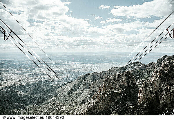Perspective view down cables of Sandia Peak Tramway in New Mexico