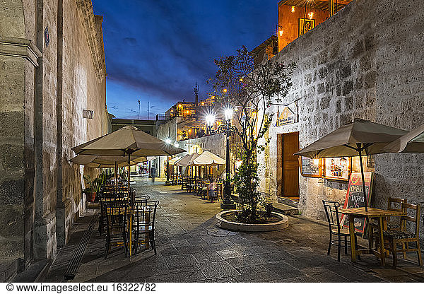 Peru  Arequipa  alley near Plaza de Armas at blue hour