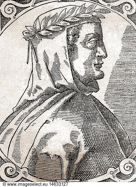 Petrarca  Francesco  20.7.1304 - 19.7.1374  ital. Schriftsteller  Portrait  Rechtsprofil  spÃ¤terer Holzschnitt Petrarca, Francesco, 20.7.1304 - 19.7.1374, ital. Schriftsteller, Portrait, Rechtsprofil, spÃ¤terer Holzschnitt,