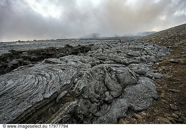 Petrified lava  volcanic stone in bizarre form  lava field  volcanic eruption  active table volcano Fagradalsfjall  Krýsuvík volcanic system  Reykjanes Peninsula  Iceland  Europe