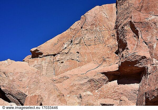 Petroglyphen in Estancia de Yerbas Buenas auf Rhyolith (Vulkangestein). Santiago de Rio Grande  San Pedro de Atacama  Antofagasta  Chile.