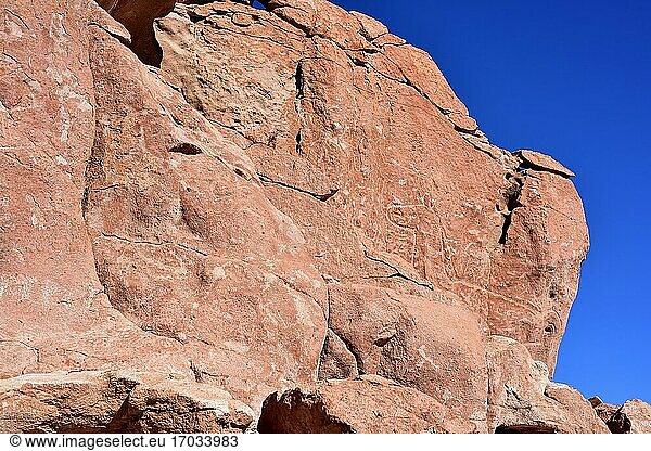 Petroglyphen in Estancia de Yerbas Buenas auf Rhyolith (Vulkangestein). Santiago de Rio Grande  San Pedro de Atacama  Antofagasta  Chile.