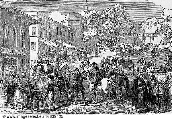Pferdebasar in Konstantinopel  heute Istanbul  Türkei. Antike Illustration. 1867.