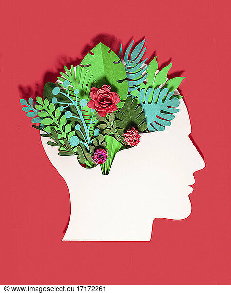 Pflanzen und Blumen mit Kopf aus Papier auf rotem Hintergrund