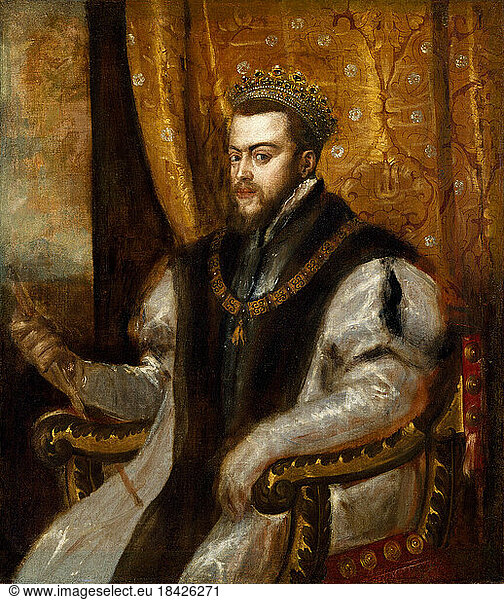 Philip II  King of Spain (1556–98) and Portugal (from 1580)  son of Emperor Charles V  Valladolid May 21  1527 – El Escorial near Madrid September 13  1598.– “Portrait of King Philip II of Spain . –Painting  ca. 1550/51  by Titian  born Tiziano Vecellio (ca. 1488/90 – 1576).Oil on canvas  107 × 92.7 cm.Bequest of Mary M. Emery  1927.Acc. No. 1927.402.Cincinnati  Cincinnati Art Museum.