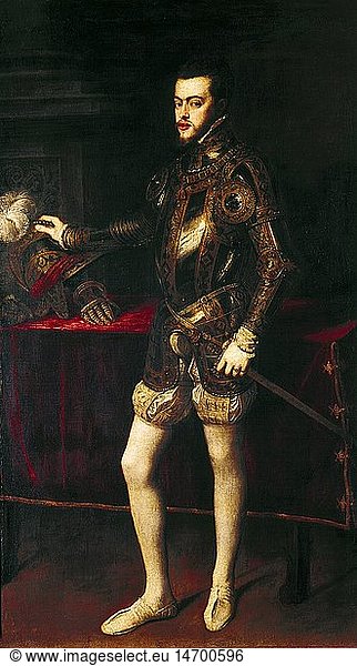Philip II of Spain  21.5.1527 - 13.9.1598  King of Spain 1556 - 1598  full length  wearing armour  painting by Titian (circa 1477 - 1576)  oil on canvas  circa 1550/1551  Museo del Prado  Madrid