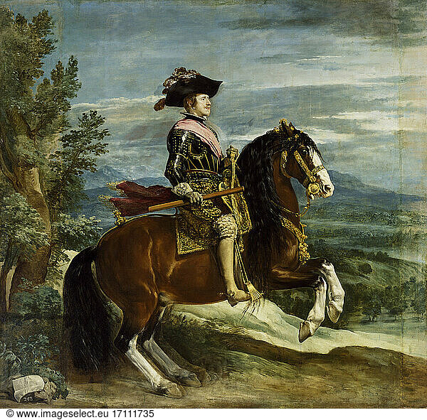 Philip IV  King of Spain (1621–65) and(as Philip III) of Portugal  son of King Philip III and Margaret of Habsburg.Valladolid 8.4.1605 – Madrid 17.9.1665.Equestrian portrait of Philip IV.Painting  c. 1636  by Diego Velázquez(1599–1660). Oil on canvas  301 × 314cm.Cat. 1178Madrid  Museo del Prado.
