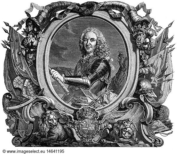 Philip V  19.12.1683 - 9.7.1746  King of Spain 24.11.1700 - 9.7.1746  half length  copper engraving by G. F. Schmidt and J.G. Wille after painting ny Louis Michel van Loo (1707 - 1771)