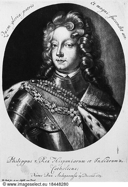 Philip V  King of Spain (1700 – Jan 1724 and Sept. 1724–46)  son of the Dauphin Ludwig of France Versailles 19.12.1683 – Madrid 9.7.1746.Portrait.Painting by Pieter Schenk (1660–1718 / 19).