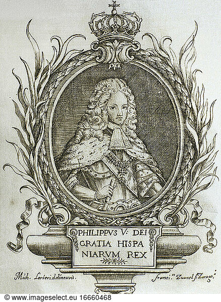 Philip V (1683-1746). King of Spain (1700-january  1724 and september 1724-1746). He abdicated in favour of his son Louis and he assumed the throne again upon his son's death. Portrait. Engraving  1719.