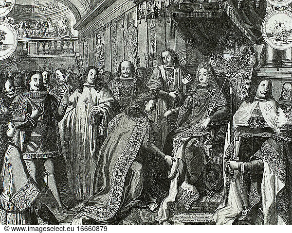 Philip V of Spain (1683-1746). King of Spain. House of Bourbon. Oath of allegiance of the military orders; Golden Fleece  Alcantara and Calatrava. Engraving. 18th century.