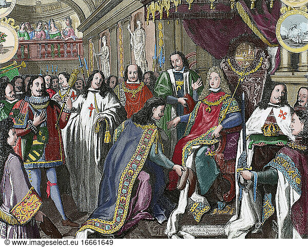 Philip V of Spain (1683-1746). King of Spain. House of Bourbon. Oath of allegiance of the military orders; Golden Fleece  Alcantara and Calatrava. Engraving. 18th century. Colored.