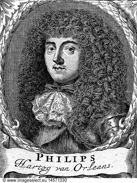 Philipp I.  21.9.1640 - 9.6.1701  Herzog von Orleans  PortrÃ¤t  niederlÃ¤ndischer Kupferstich  17.Jahrhundert. Philipp I., 21.9.1640 - 9.6.1701, Herzog von Orleans, PortrÃ¤t, niederlÃ¤ndischer Kupferstich, 17.Jahrhundert.,