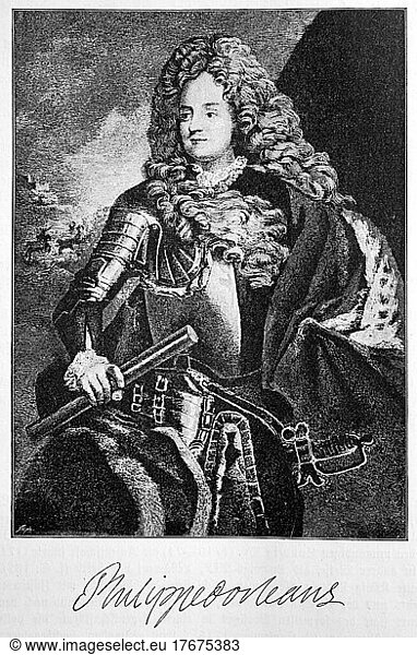 Philippe II de Bourbon  duc d'Orléans  August 2  1674-2. December 1723  also called Philippe II. DOrléans for short  was titular duke of Chartres (1674-1701) and after the death of his father in 1701 duke of Orléans  Valois  Nemours and Montpensier  prince of Joinville  count of Beaujolais and multiple pair from France  Historical  digitally restored reproduction of an original from the 19th century  exact date unknown
