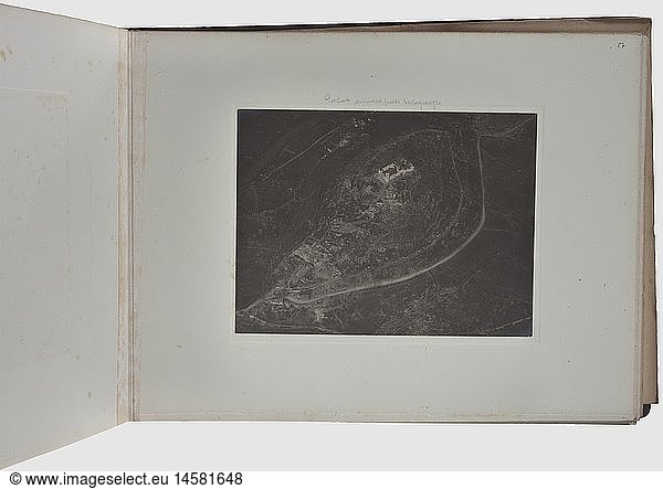 Photo album of the Italian Air Forces  First World War  predominantly 1918 Large-size photo album with 74 aerial shots in various formats before or after bombardments by the Italian Air Forces (Corpo Aeronautico Militare) or for intelligence purposes  among them: Rasai 15 January 1915  Torre di Mosto 20 February 1918  Padua airfield 17 April 1918  Dio power station in Trentino 4 May 1918  S. Giustino airfield 14 May 1918  San Dona di Piave 16 June 1918  Ponte di Piave 18 June 1918  Zenson di Piave 18 June 1918  Pavesi 19 June 1918  Piave 18 to 20 June 1918  Conegliano 22 to 24 June 1918  Pramaggiore railway station 24 June 1918  Grisolera and Tombolino  Comina 29 August 1918  Feltre airfield 11 August 1918  Belluno airfield 7 Septembe historic  historical  1910s  20th century  troop  troops  armed forces  military  militaria  army  wing  group  air force  air forces  object  objects  stills  clipping  clippings  cut out  cut-out  cut-outs  book  books  literature