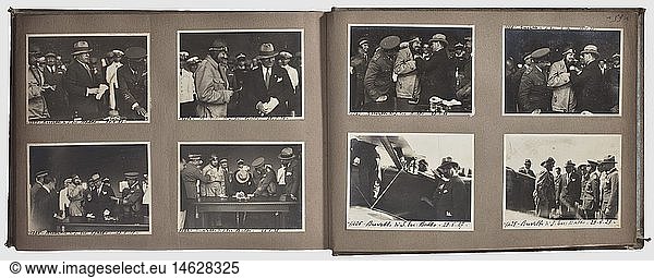 Photo Album  Regia Aeronautica Italiana  Italo Balbo and Mussolini 1925 - 1927 Large-size album with 410 photos of various formats  with uniforms and insignia of the Italian Air Forces (established in March 1923)  airman commemoration day in memory of the March on Rome in Centocelle 1924 (first airfield of the Italian Air Forces)  Mussolini's visit in the Caserma Castro Pretorio (Rome)  Caserma Principe di Napoli  Caserma Lamarmora  Caserma Umberto I  graduates of the aeronautical academy at the tomb of the unknown soldier  Centocelle - Coppa d'Italia 1925 and 1926  flight to Rome on 31 October 1925 in comm historic  historical  people  1920s  20th century  object  objects  stills  clipping  clippings  cut out  cut-out  cut-outs