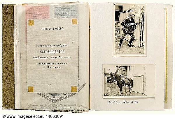 Photo Albums of First Lieutenant Sander in the 1st Don Cossack Cavalry Regiment.  Assembled and notated by his brother after the war (Sander fell in April 1945) with numerous newspaper clippings  leave passes  identity documents  letters and so forth. Included are the award documents for the Ostvolk Bravery Medal 2nd Class in Silver (2 December 1943  original signature v. Pannwitz  the blank reverse in Cyrillic)  the Iron Cross 2nd Class of 1939 (16 November 1943  original signature Dehner)  the General Assault Badge (10 August 1944)  the Wound Badge in Black (19 October 1941) and in Silver (9 January 1945)  as well as a Certificate of Honour of the Don Cossack Regiment with a citation for 'Staniza Metschetinskaja' (10 July 1943  with officers' signatures). About 110 photographs: training with Cavalry Regiment 18  Croatia etc. as well as an album with ca. 100 photos as a youth  in scho historic  historical  people  1930s  1930s  20th century  cavalry  cavalries  military  militaria  mounted troop  branch of service  branches of service  armed service  armed services  object  objects  stills  clipping  clippings  cut out  cut-out  cut-outs
