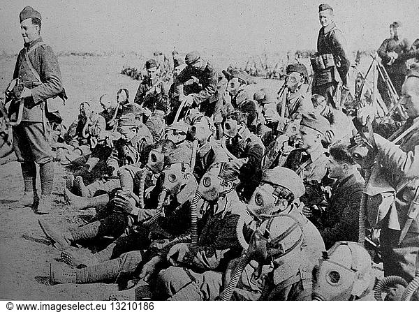 Photograph of Polish troops resting after a gas drill