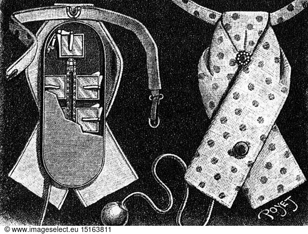 photography  cameras  camera hidden in a cravat with lens camouflaged as tie pin  wood engraving by Poyet  1890