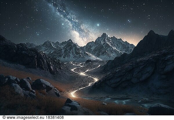Photography of realistic mountains at night with an arc of the milky way. Ai generated art