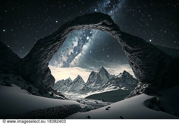 Photography of realistic snowy mountains at night with an arch of the milky way. Ai generated art