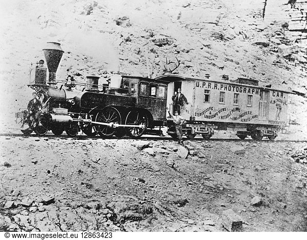 PHOTOGRAPHY RAILROAD CAR. The photography car which followed the Pacific Railroad's mile-a-day construcion of the the rails  recording the progress. Photograph  c1868  near Point of Rocks  Wyoming.