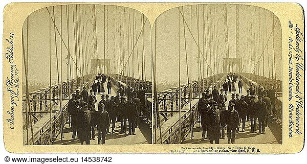 photography  stereoscopic photography  suspension bridge  Brooklyn Bridge  built: 1870 - 1883  New York  USA  circa  1895  1890s  19th century  historic  historical  connect  connecting Manhattan and Brooklyn  spanning the East River  landmark  building  buildings  architecture  stereo  photograph  picture  photographs  American  people