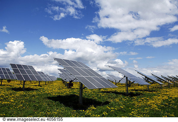 Photovoltaics  solar panels in a field near Oberruesselbach  Middle Franconia  Bavaria  Germany  Europe