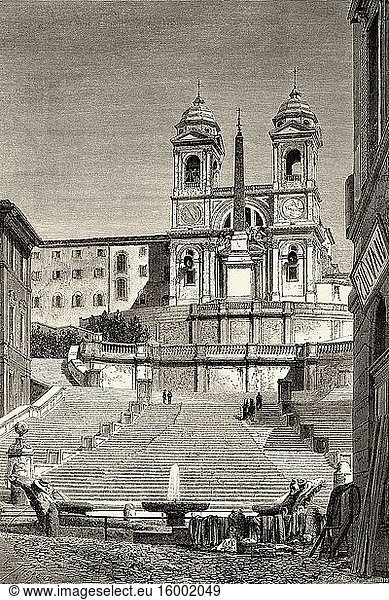 Piazza di Spagna. Spanish Steps and church of Trinita dei Monti  Rome. Italy  Europe. Trip to Rome by Francis Wey 19Th Century.