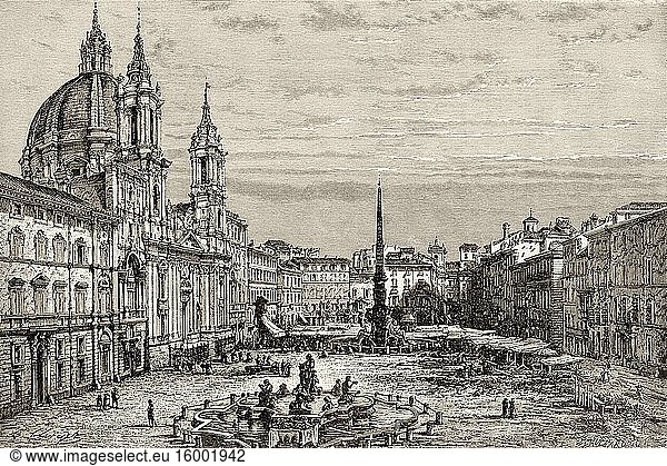 Piazza Navona and the Church of St Agnes in Agone  Rome. Italy  Europe. Trip to Rome by Francis Wey 19Th Century.