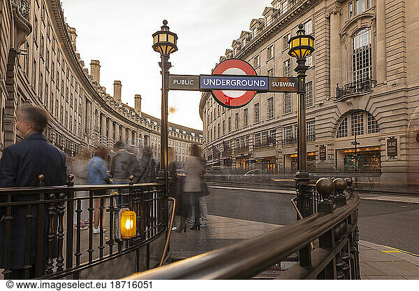 Picadilly Circus underground exit in London to regent street