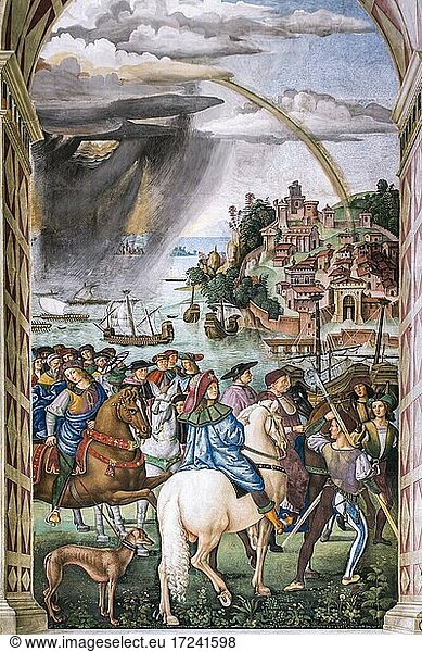 Piccolomini on the way to the Council in Basel  fresco on the life of Cardinal Enea Silvio Piccolomini  later Pope Pius II  1502-1507  painter Pinturicchio  Libreria Piccolomini  Siena Cathedral  Duomo Santa Maria Assunta  Siena  Tuscany  Italy  Europe