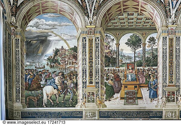 Piccolomini on the way to the Council in Basel  left  Piccolomini in front of King James I of Scotland  right  frescoes on the life of Cardinal Enea Silvio Piccolomini  later Pope Pius II  1502-1507  painter Pinturicchio  Libreria Piccolomini  Cathedral of You  Great Britain