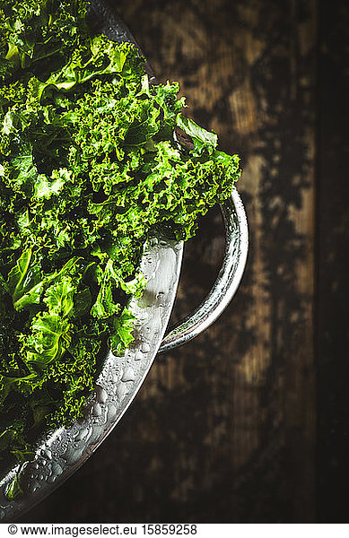 picked spinach in a colander on a dark wood background for copy space
