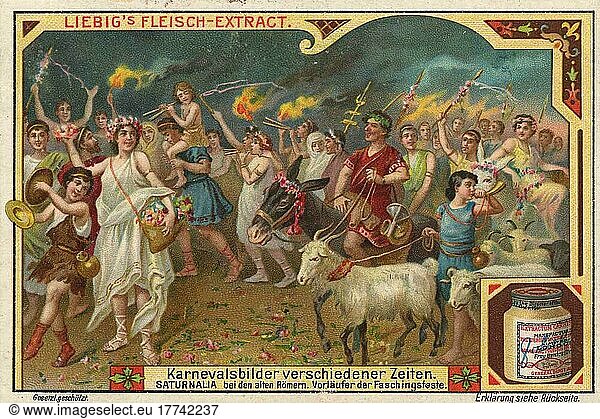 Picture series of carnival pictures from different times  Saturnalia by the ancient Romans  forerunner of the carnival festival  digitally restored reproduction of a collective picture from ca 1900  public domain  exact date unknown