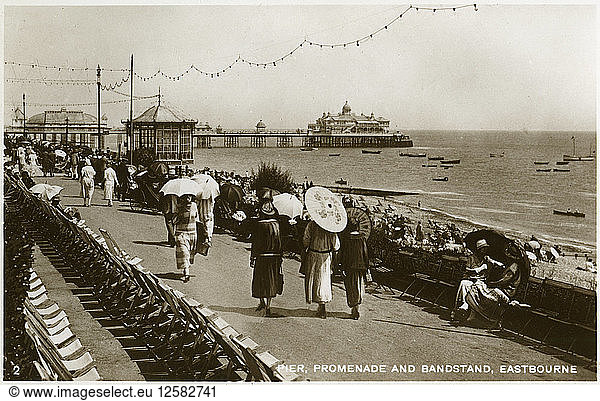 Pier  promenade and bandstand  Eastbourne  Sussex  c1920s(?). Artist: Unknown