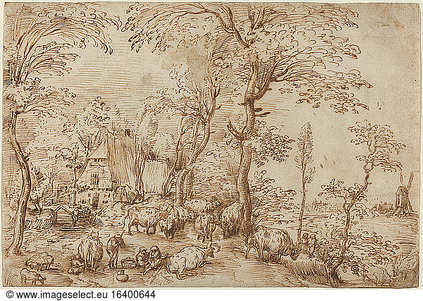 Pieter Bruegel the Elder  ca 1525/1530 – 1569.Peasants and Cattle near a Farmhouse  ca 1553/1554.Pen and brown ink on laid paper  23.5 × 34.3 cm.Inv. Nr. 1973.21.1 Washington  National Gallery of Art.