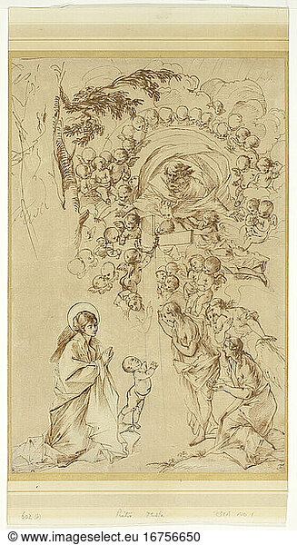 Pietro Testa  1611/12–1650. Study for ‘The Dream of Saint Joseph’  1635–1637. Pen and brown ink  with black chalk and traces of incising  on tan laid paper  laid down on cream wove paper  368 × 242 mm.
Inv. No. 1998.358 
Chicago  Art Institute.
