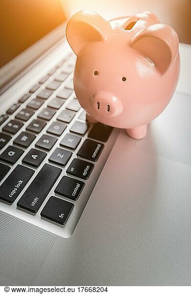 Piggy bank resting on laptop computer keyboard