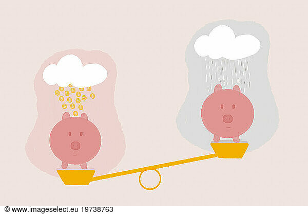 Piggy banks on weighing scale under clouds with gold coins and rain falling against pink background