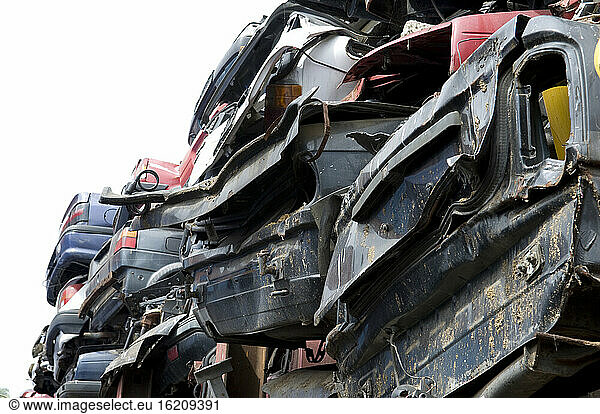 Pile of crushed scrapped cars  close-up