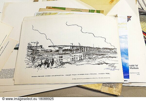 Pile of prints  drawing construction of Orwell Bridge  Ipswich  Suffolk  England  1982 by Keith Pilling