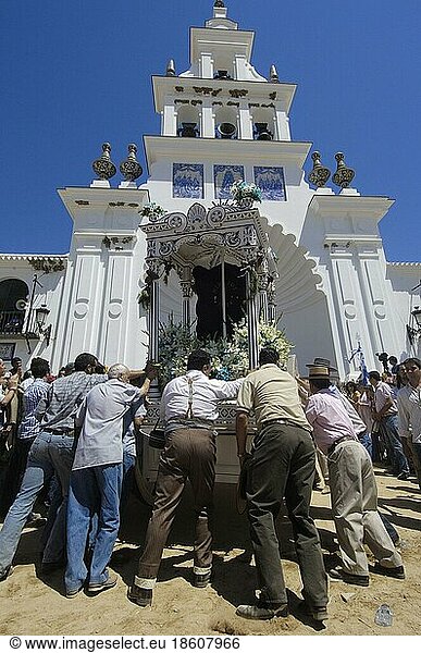 Pilgrims in front of the Ermita del Rocio Sanctuary  Romeria pilgrimage to El Rocio  Huelva  Andalusia  Spain  Europe