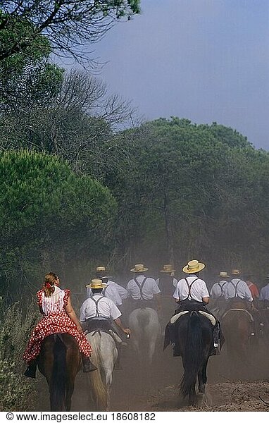 Pilgrims on horseback  Romeria pilgrimage to El Rocio  Huelva  Andalusia  Spain  Europe