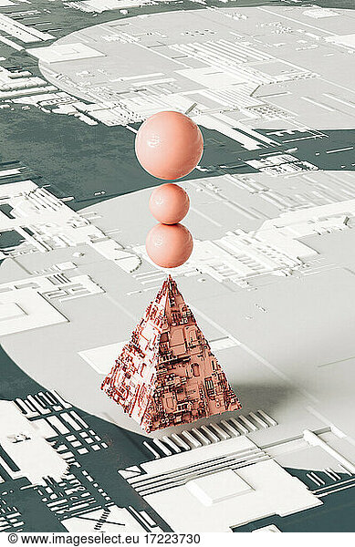 Pink abstract pyramid with three spheres balancing on top against futuristic three dimensional background