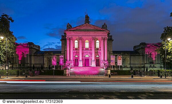 Pink illuminated museum Tate Britain  blue hour  London  England  United Kingdom  Europe