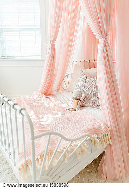Pink Little girls bed with stuffed animal